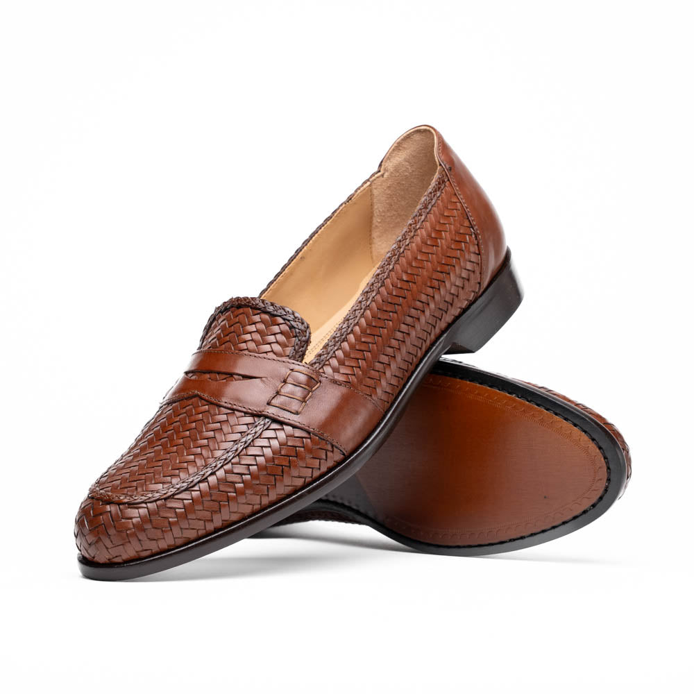Nicola Woven Italian Calfskin Penny Loafer in Cognac by Zelli Italia
