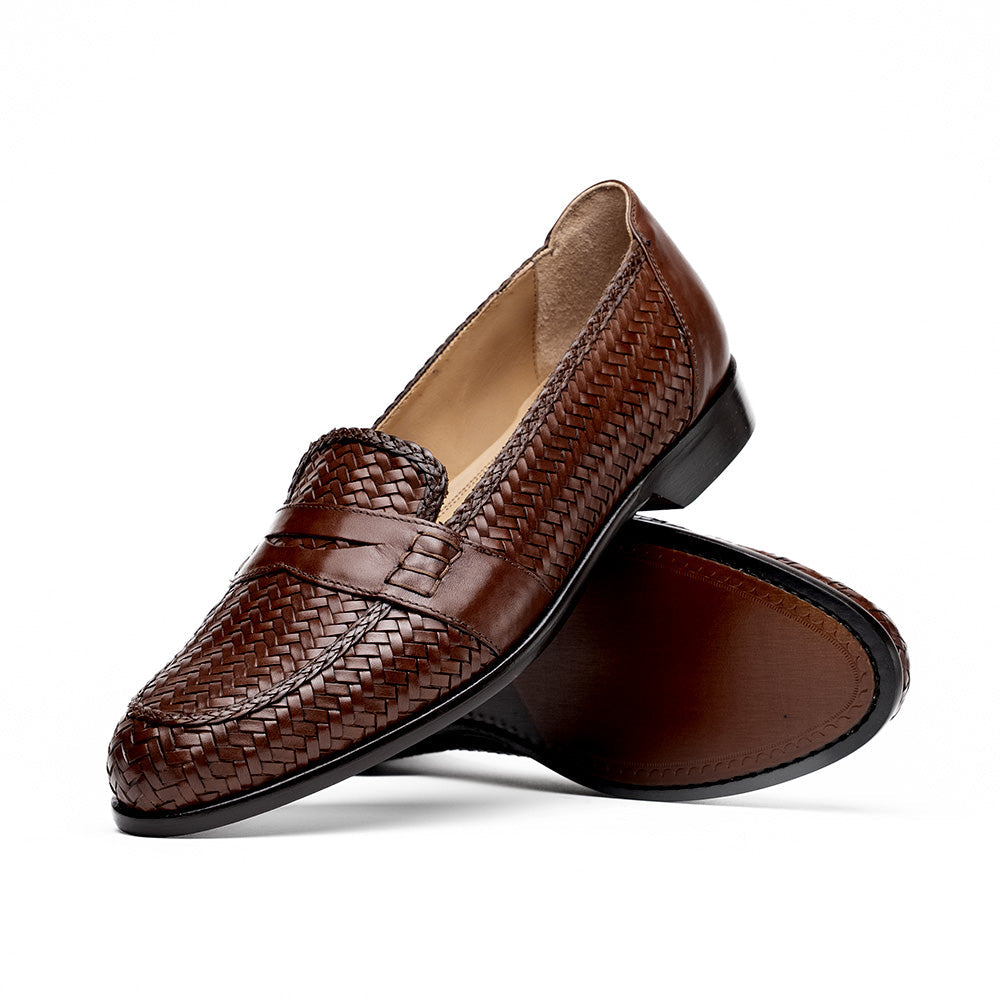 Nicola Woven Italian Calfskin Penny Loafer in Dark Brown by Zelli Italia