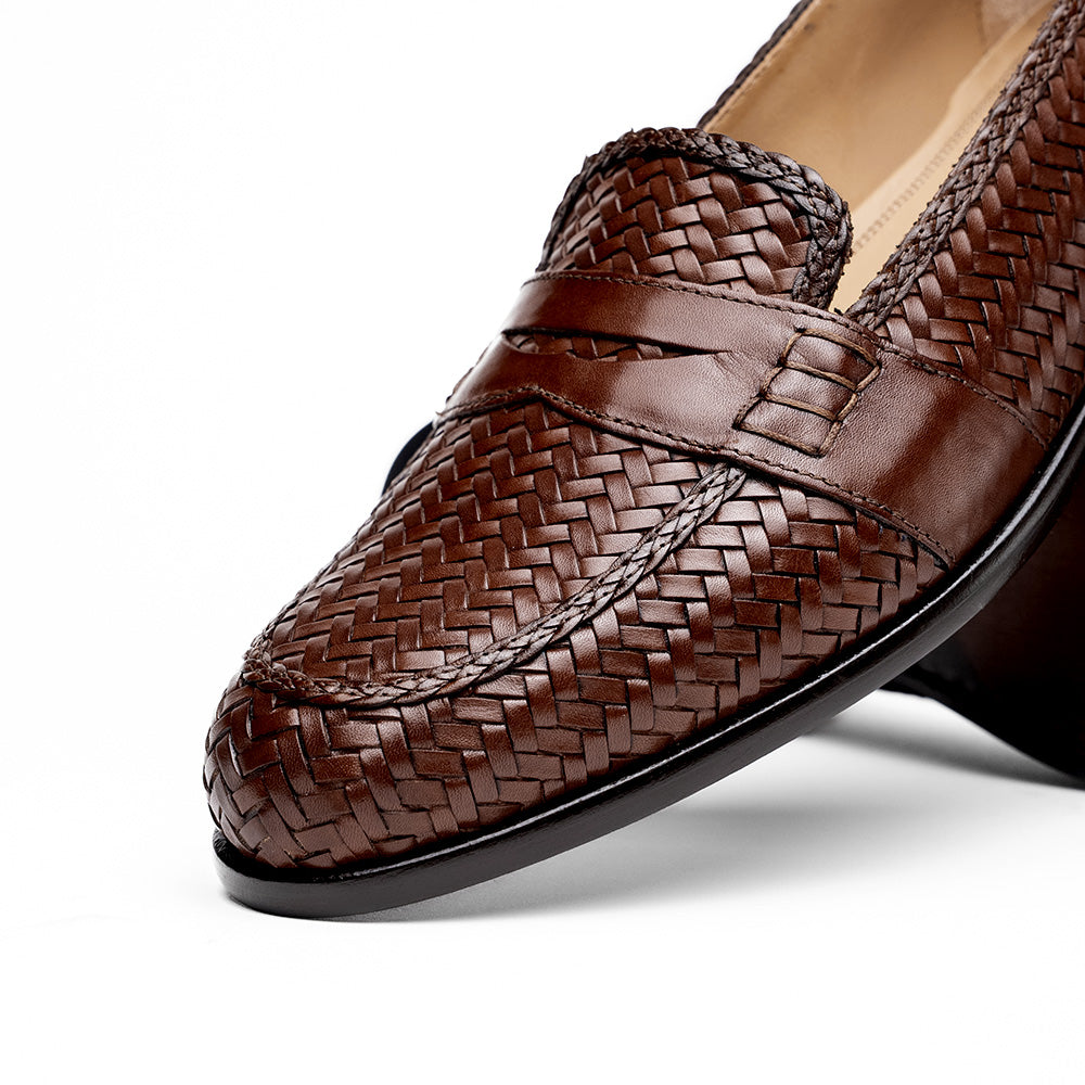 Nicola Woven Italian Calfskin Penny Loafer in Dark Brown by Zelli Italia