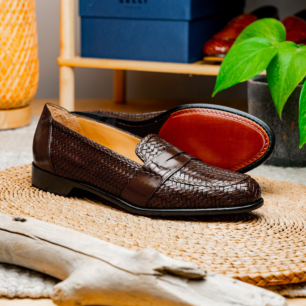 Nicola Woven Italian Calfskin Penny Loafer in Dark Brown by Zelli Italia