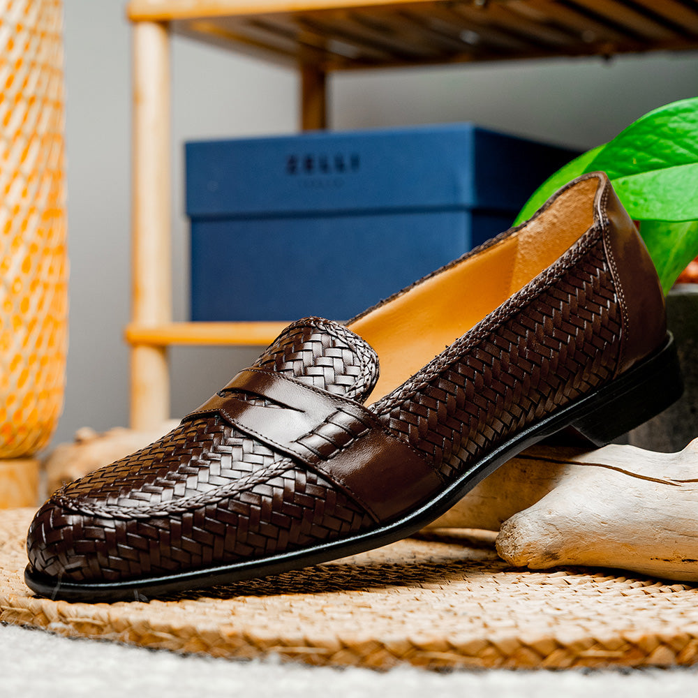 Nicola Woven Italian Calfskin Penny Loafer in Dark Brown by Zelli Italia