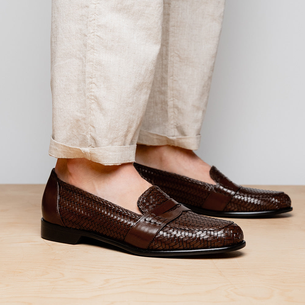 Nicola Woven Italian Calfskin Penny Loafer in Dark Brown by Zelli Italia