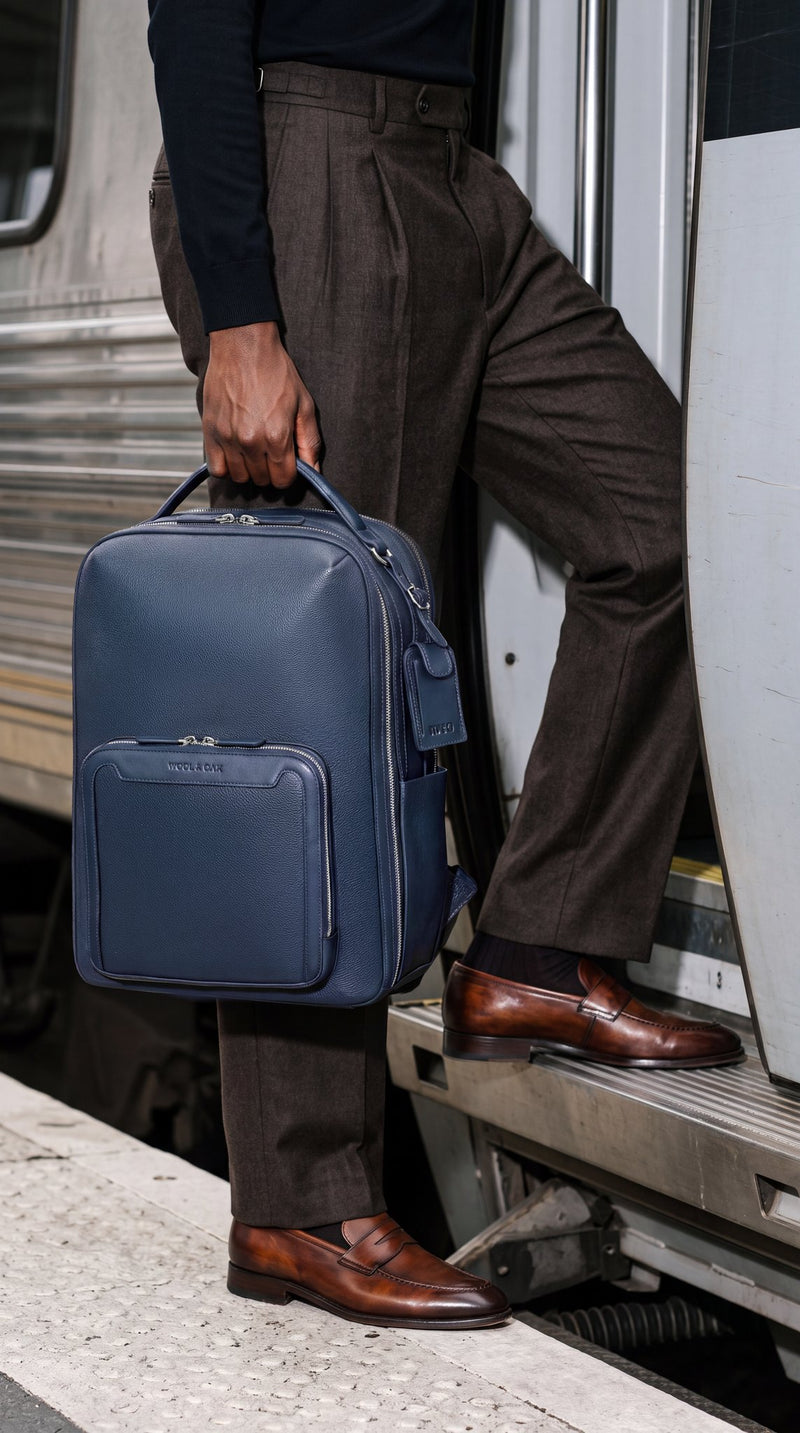 Pilot Leather Travel Backpack in Navy by Wool & Oak