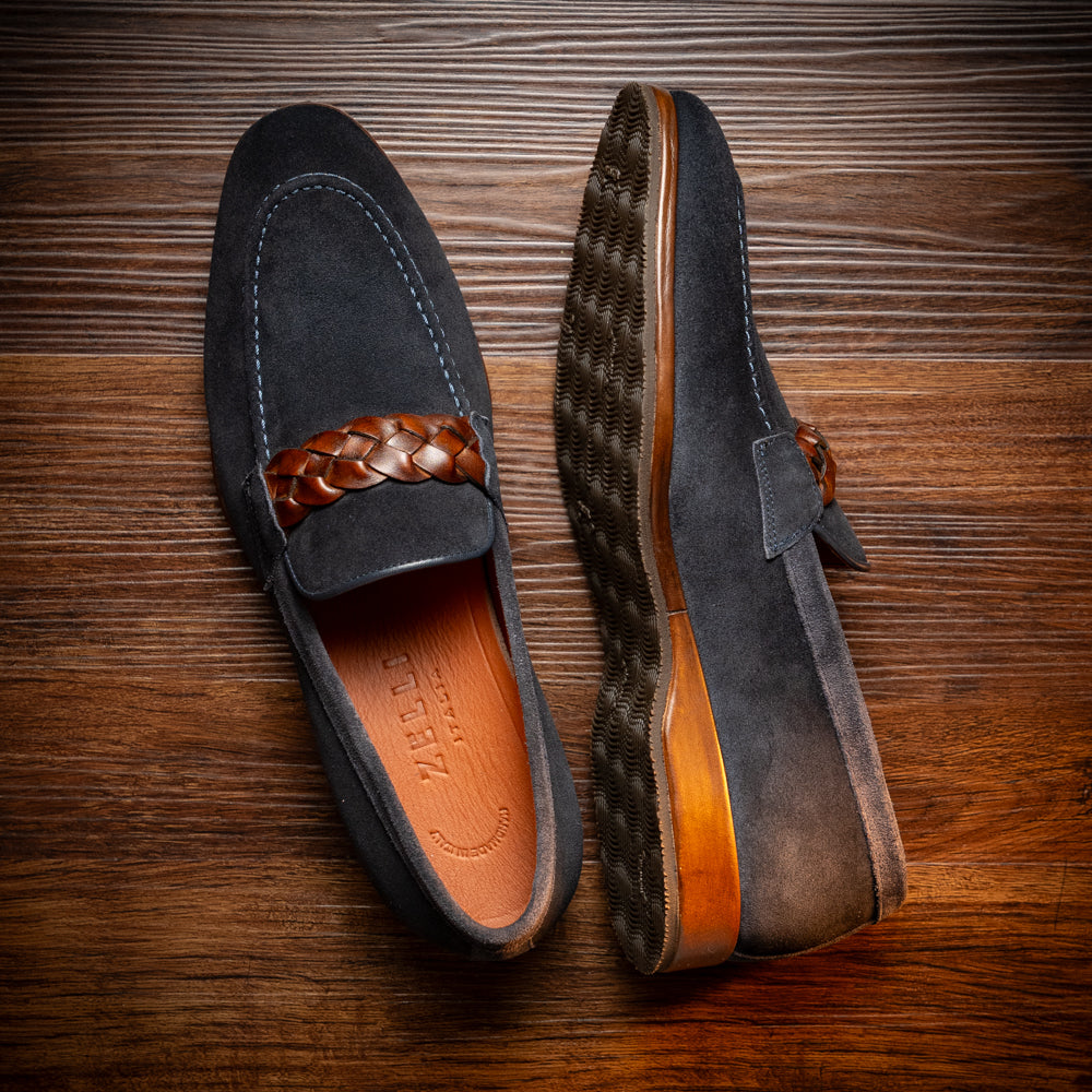 Pisa Italian Suede Hand-Woven Loafers in Navy by Zelli Italia