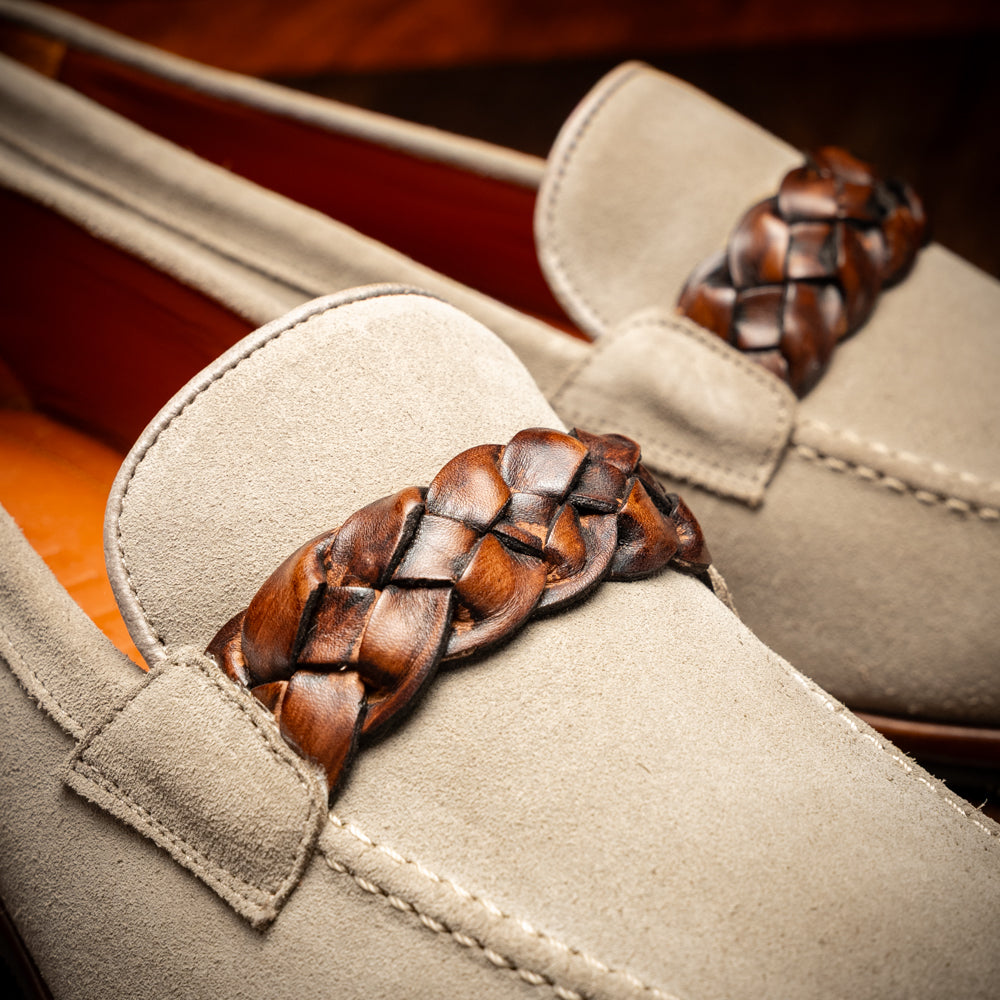 Pisa Italian Suede Hand-Woven Loafers in Stone by Zelli Italia