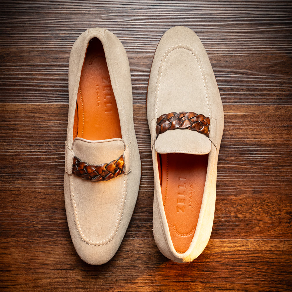 Pisa Italian Suede Hand-Woven Loafers in Stone by Zelli Italia