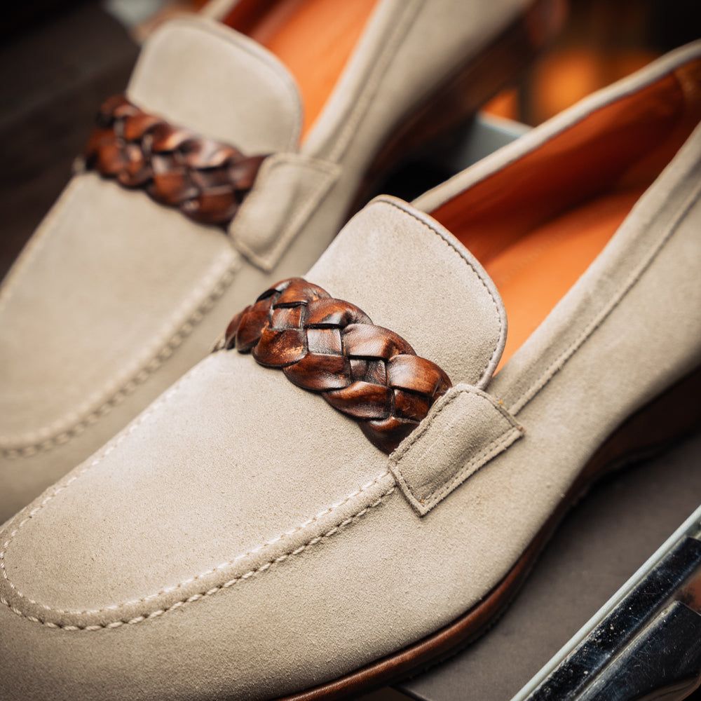 Pisa Italian Suede Hand-Woven Loafers in Stone by Zelli Italia