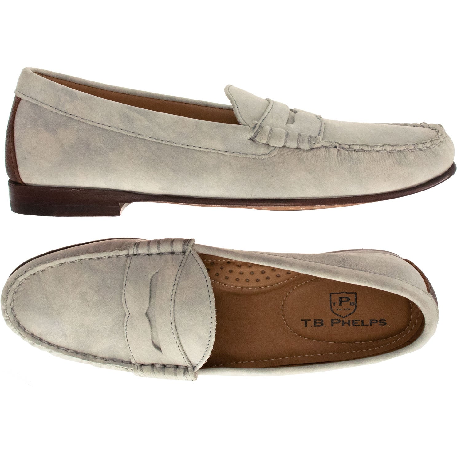 Preston Washed Calfskin Penny Loafer in Grey by T.B. Phelps