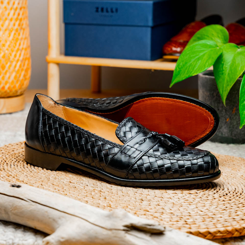 Riviera Basketweave Italian Calfskin Tassel Loafer in Black by Zelli Italia