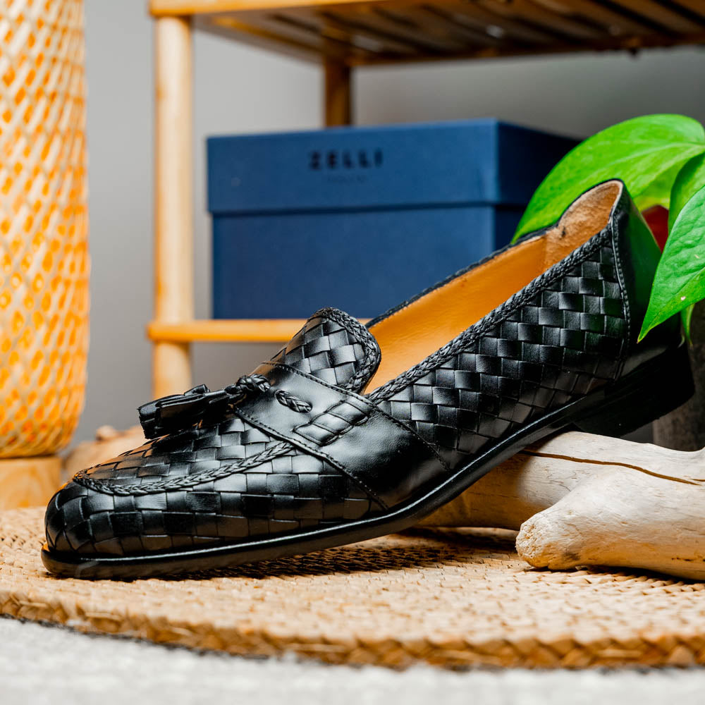Riviera Basketweave Italian Calfskin Tassel Loafer in Black by Zelli Italia