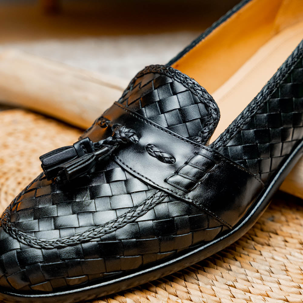 Riviera Basketweave Italian Calfskin Tassel Loafer in Black by Zelli Italia
