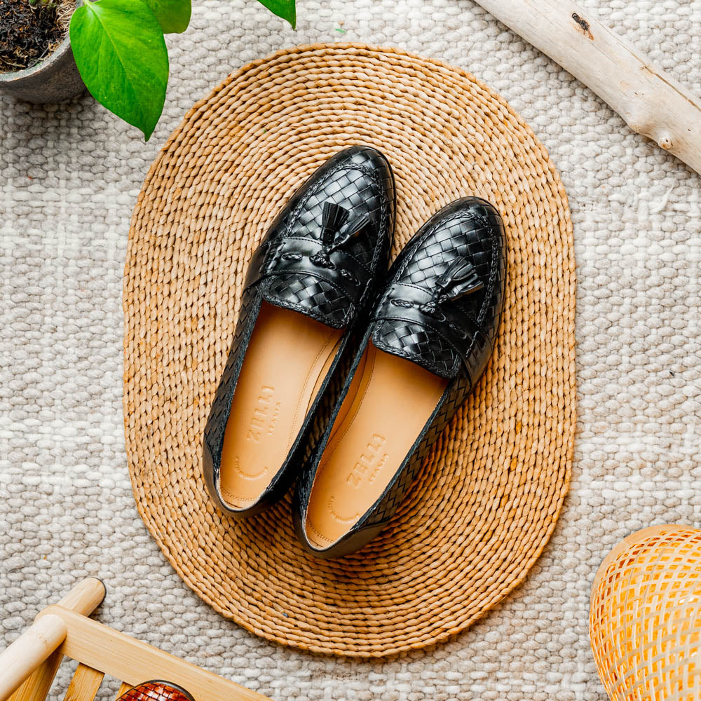 Riviera Basketweave Italian Calfskin Tassel Loafer in Black by Zelli Italia