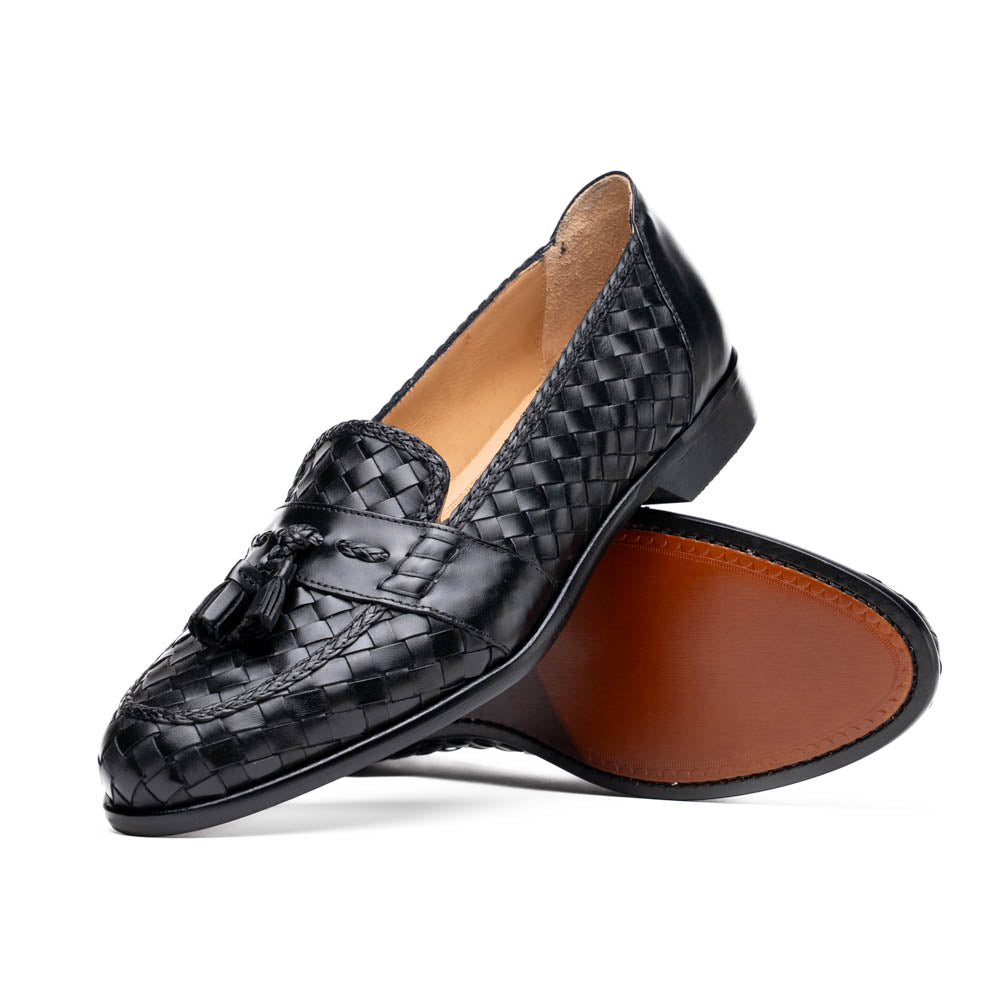 Riviera Basketweave Italian Calfskin Tassel Loafer in Black by Zelli Italia