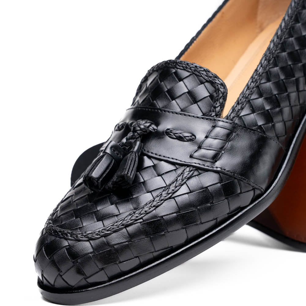 Riviera Basketweave Italian Calfskin Tassel Loafer in Black by Zelli Italia