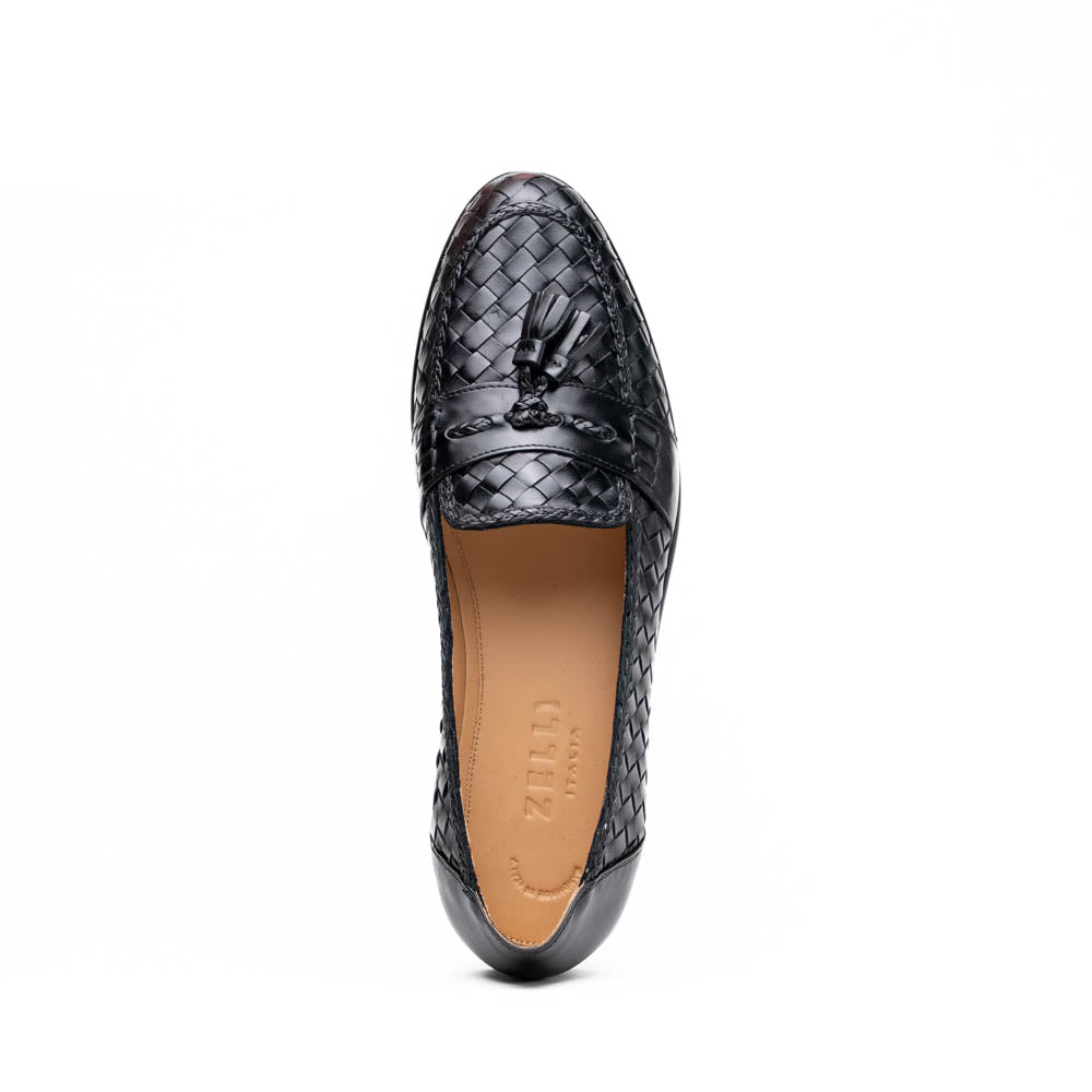 Riviera Basketweave Italian Calfskin Tassel Loafer in Black by Zelli Italia