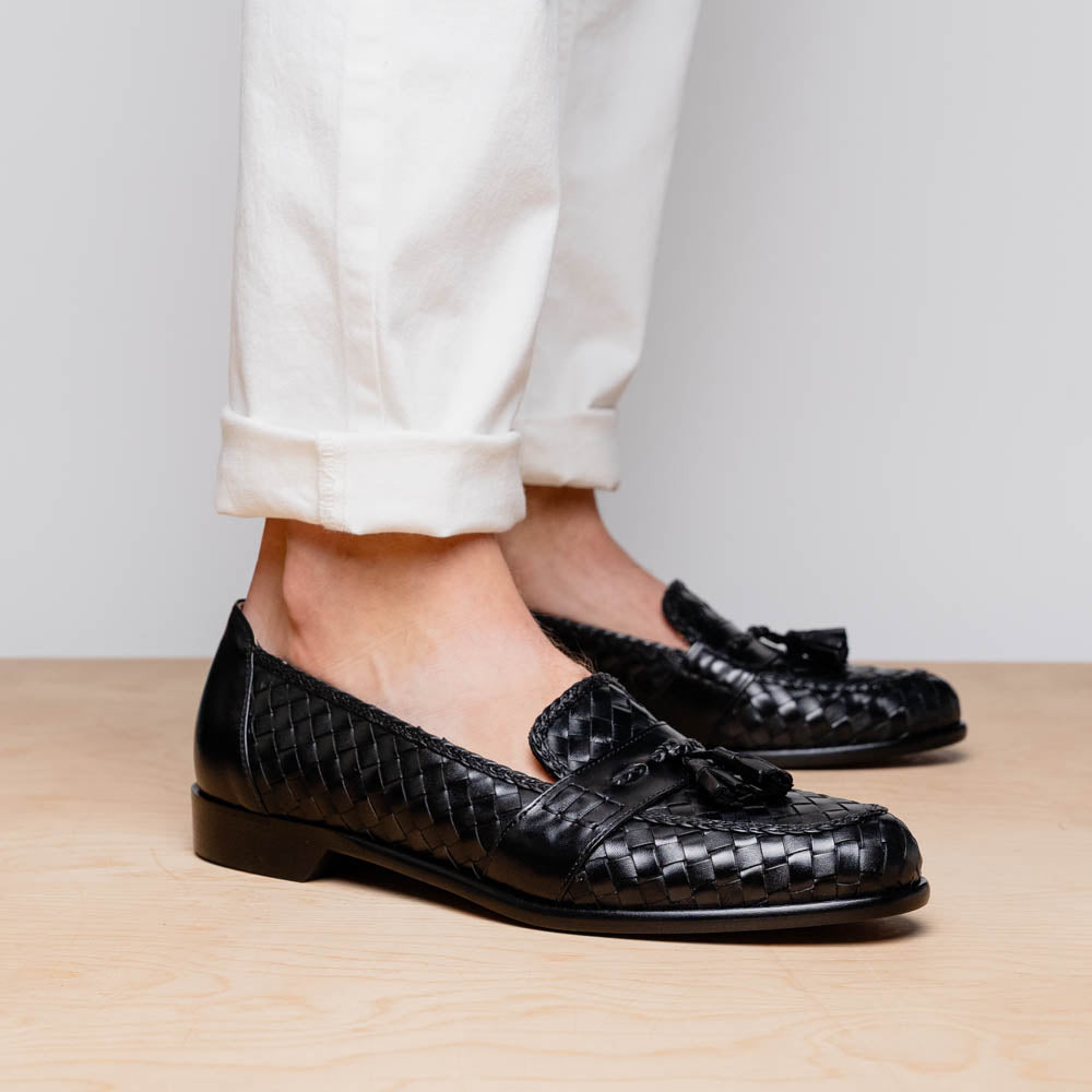 Riviera Basketweave Italian Calfskin Tassel Loafer in Black by Zelli Italia
