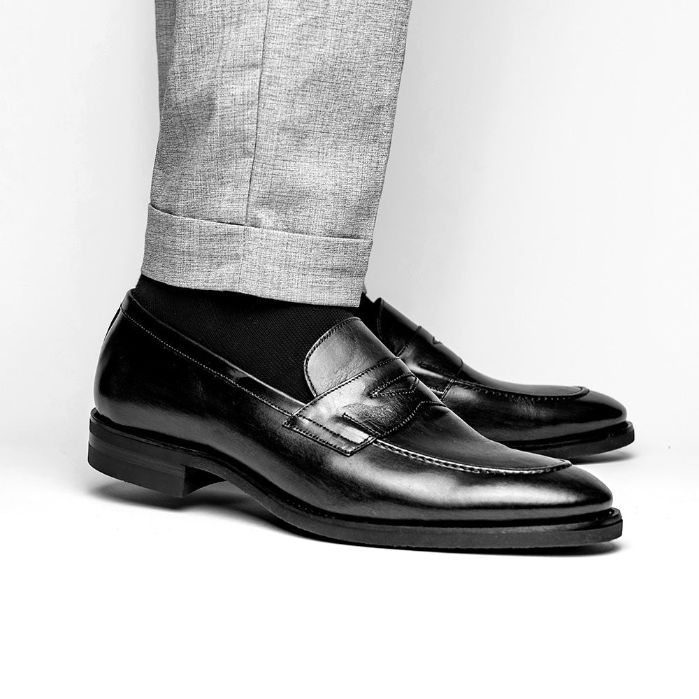 Roma Hand Burnished Calfskin Penny Loafer in Black by Zelli Italia
