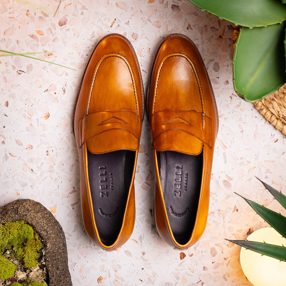 Roma Hand Burnished Italian Calfskin Penny Loafer in Camel by Zelli Italia