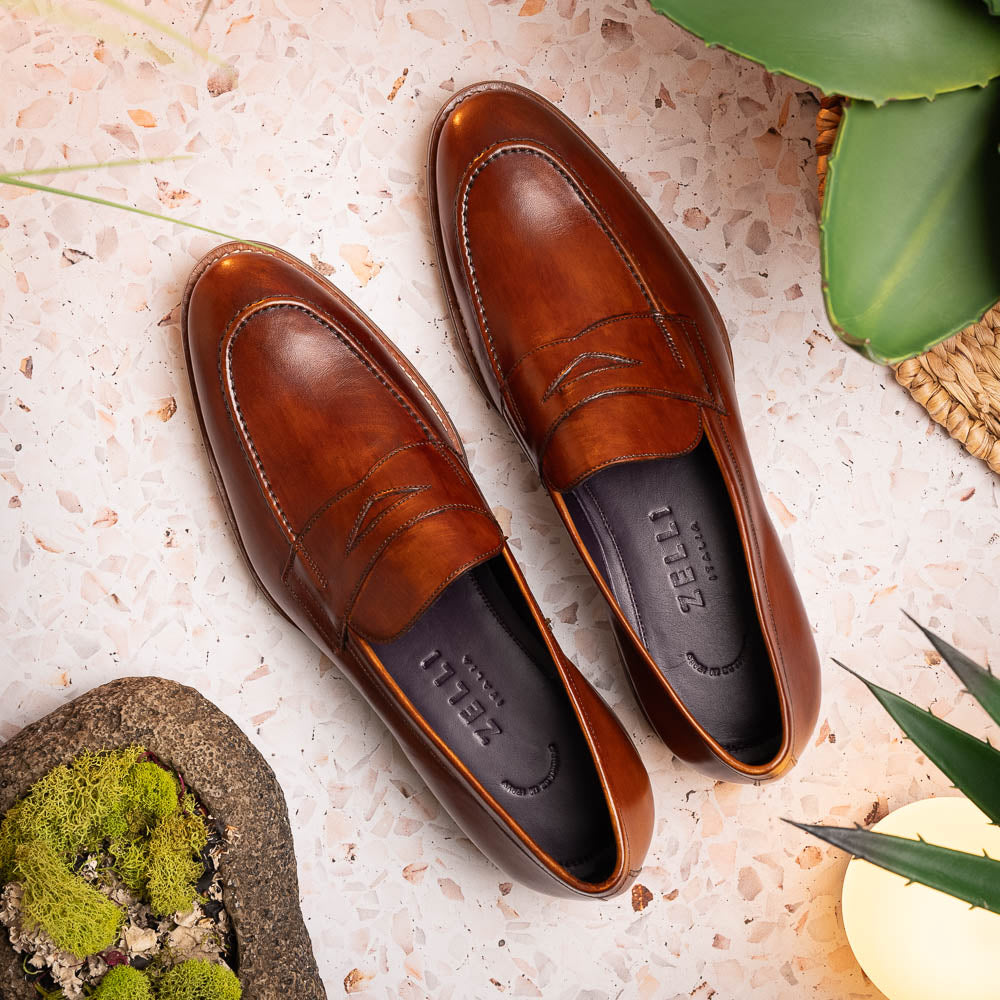 Roma Hand Burnished Italian Calfskin Penny Loafer in Cognac by Zelli Italia