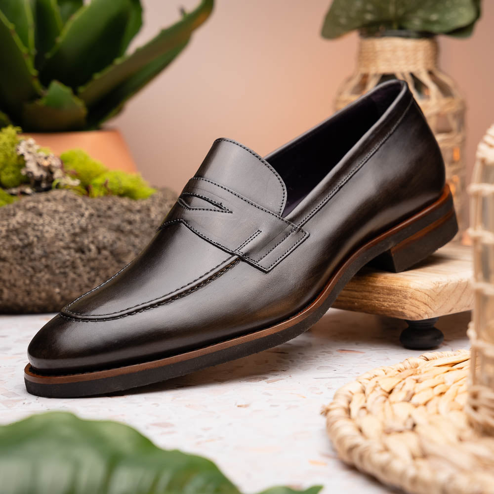 Roma Hand Burnished Italian Calfskin Penny Loafer in Grey by Zelli Italia