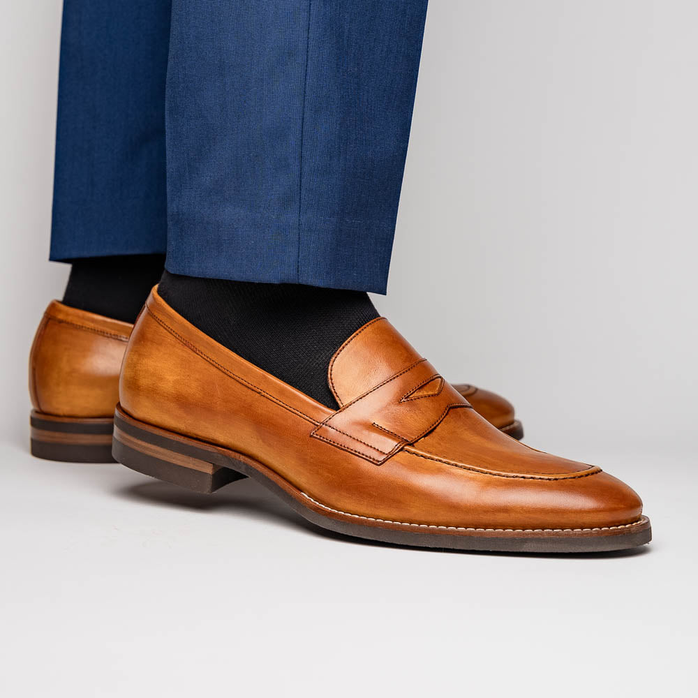 Roma Hand Burnished Italian Calfskin Penny Loafer in Camel by Zelli Italia