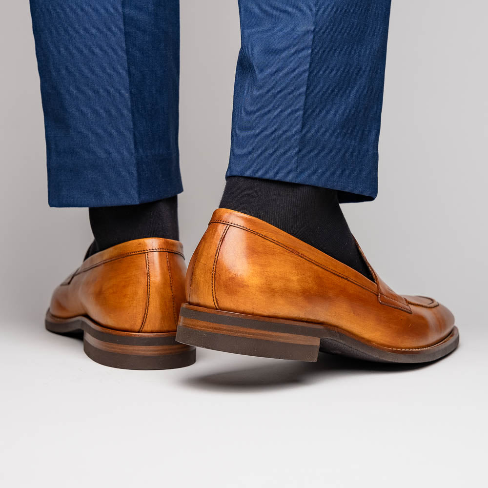 Roma Hand Burnished Italian Calfskin Penny Loafer in Camel by Zelli Italia