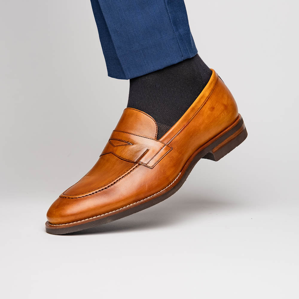 Roma Hand Burnished Italian Calfskin Penny Loafer in Camel by Zelli Italia