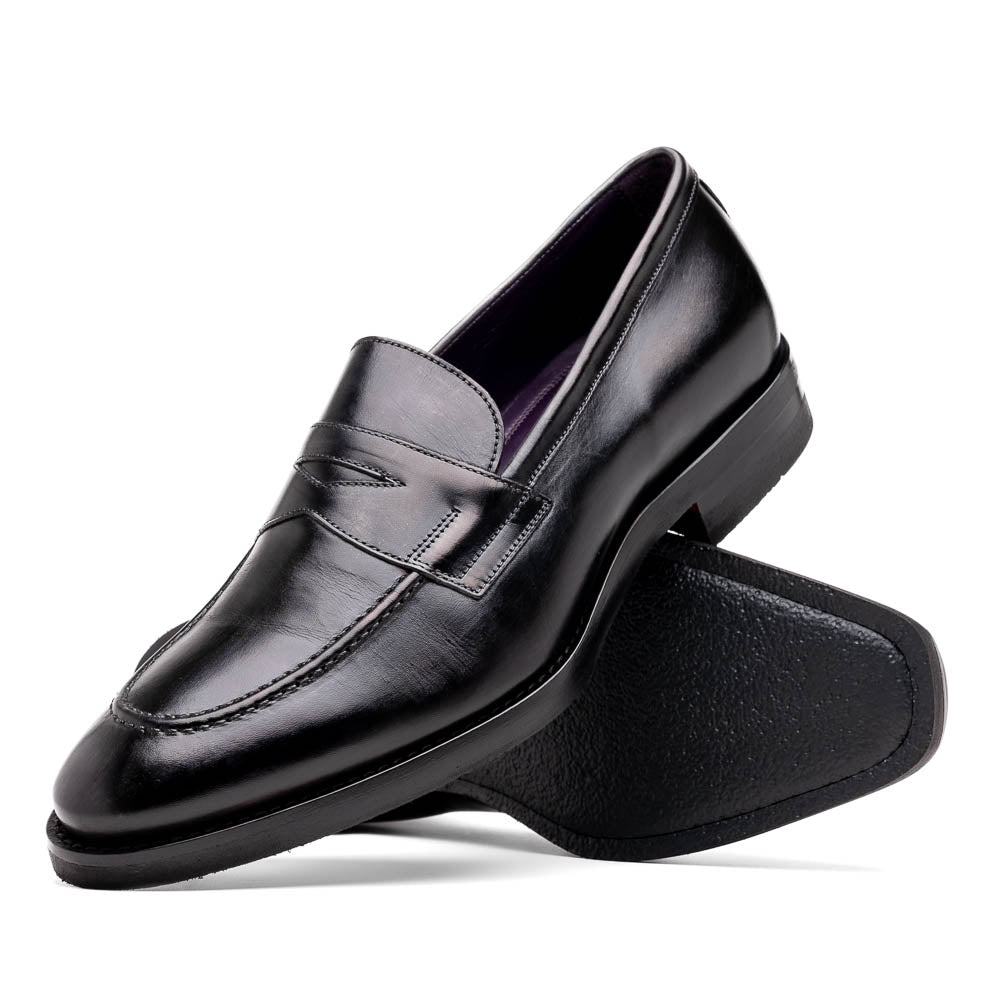 Roma Hand Burnished Calfskin Penny Loafer in Black by Zelli Italia