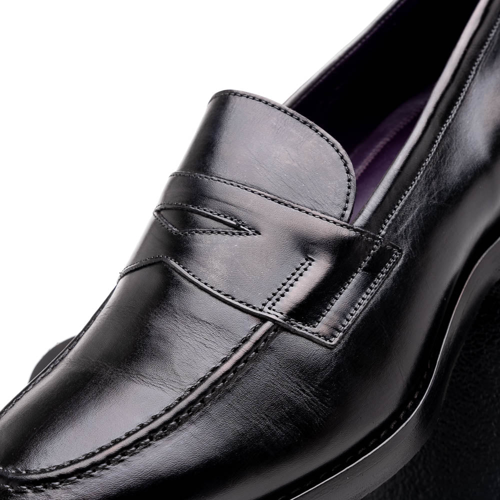 Roma Hand Burnished Calfskin Penny Loafer in Black by Zelli Italia