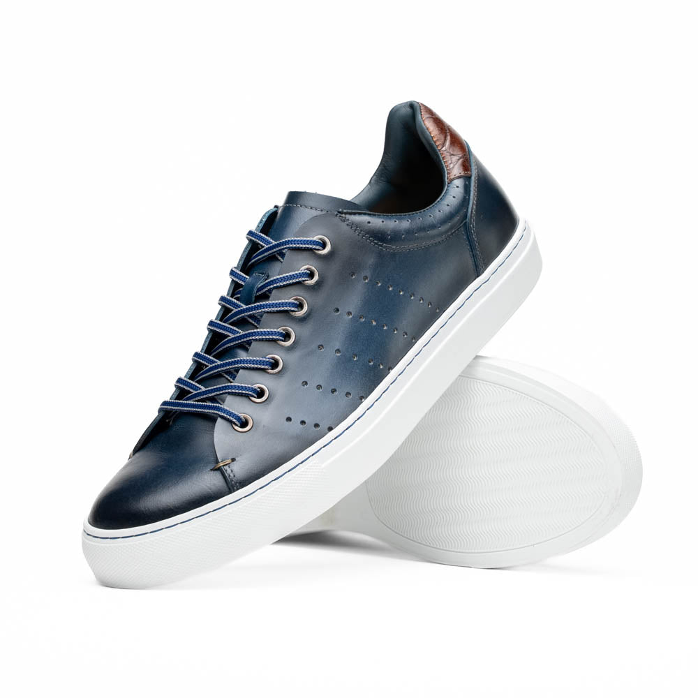 Russo Burnished Italian Calfskin Sneaker with Crocodile Back Tab in Navy by Zelli Italia