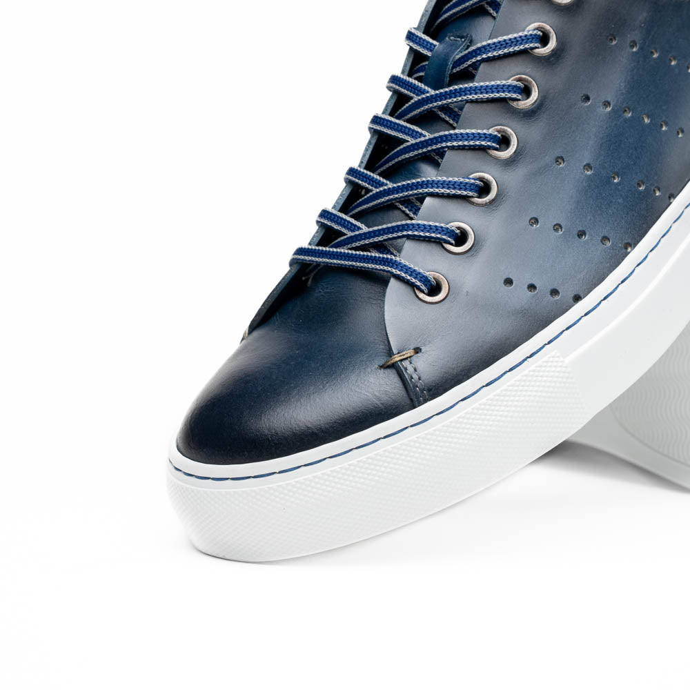 Russo Burnished Italian Calfskin Sneaker with Crocodile Back Tab in Navy by Zelli Italia