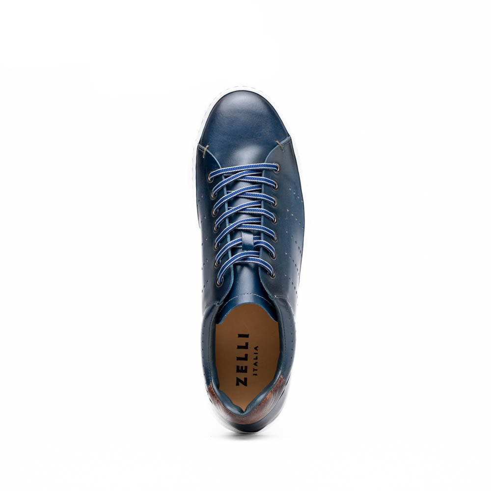 Russo Burnished Italian Calfskin Sneaker with Crocodile Back Tab in Navy by Zelli Italia