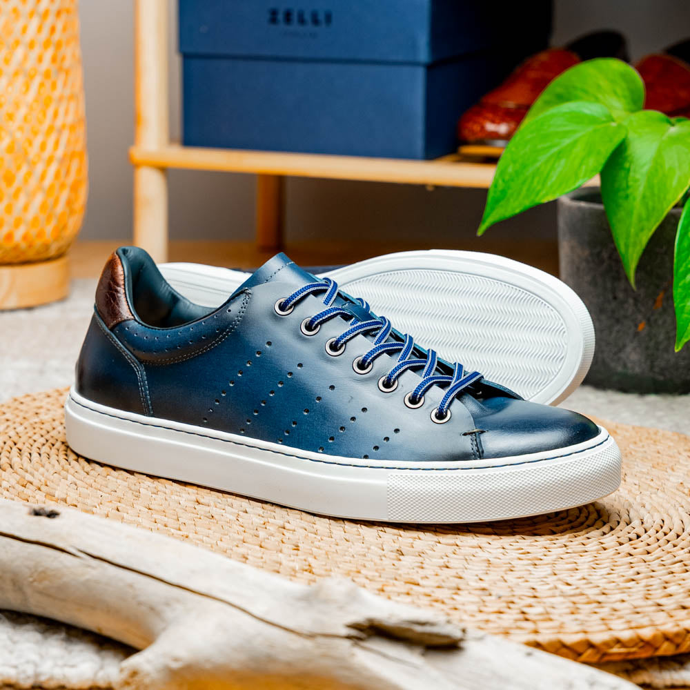 Russo Burnished Italian Calfskin Sneaker with Crocodile Back Tab in Navy by Zelli Italia