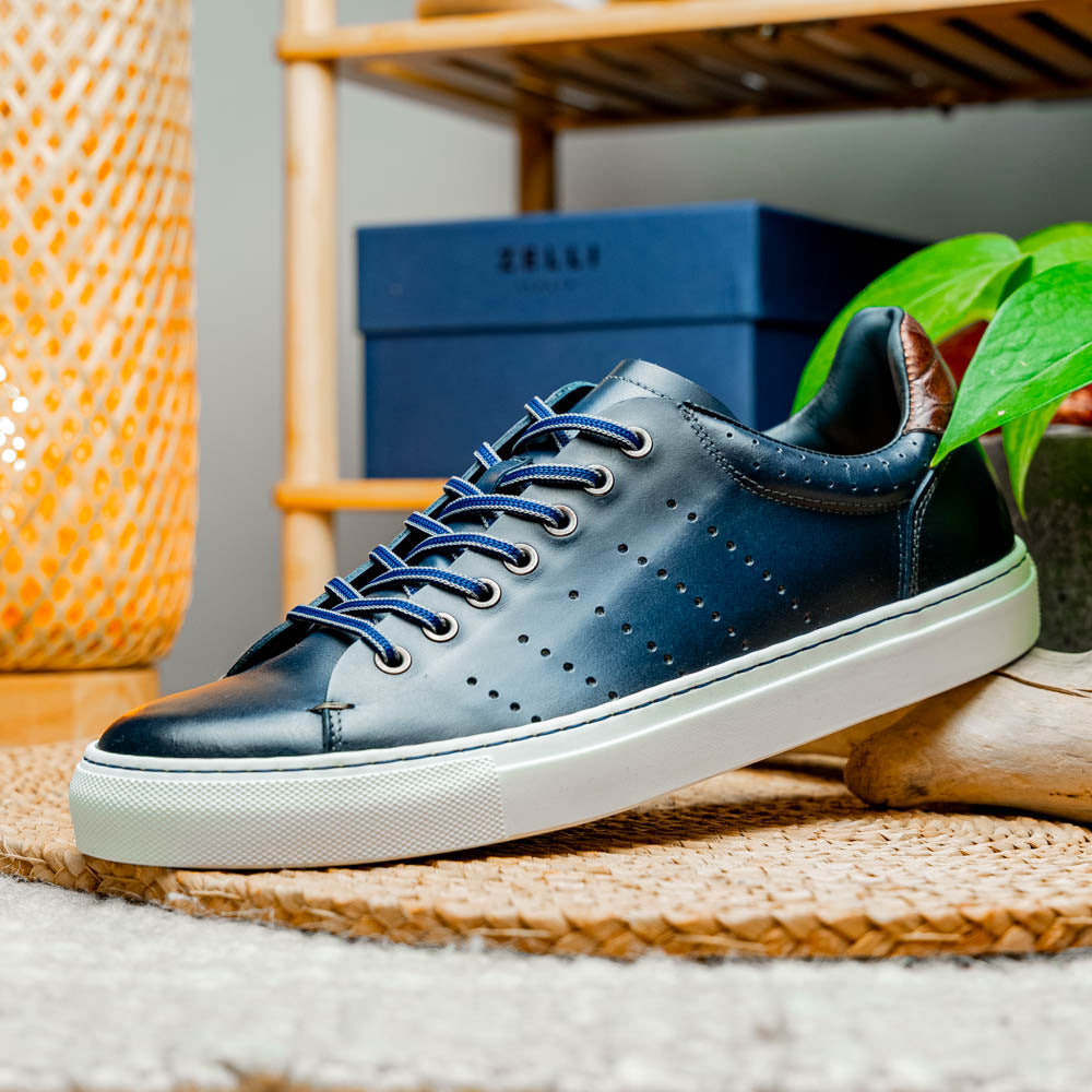 Russo Burnished Italian Calfskin Sneaker with Crocodile Back Tab in Navy by Zelli Italia