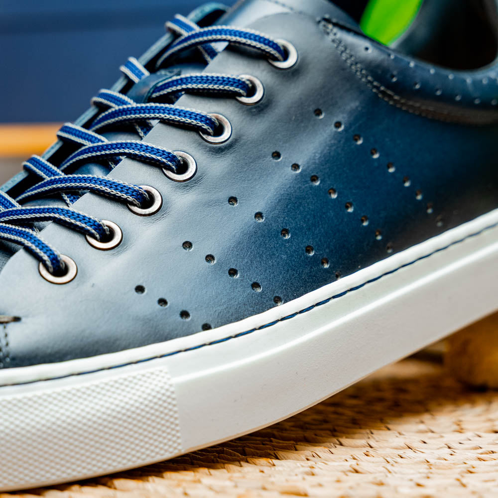 Russo Burnished Italian Calfskin Sneaker with Crocodile Back Tab in Navy by Zelli Italia