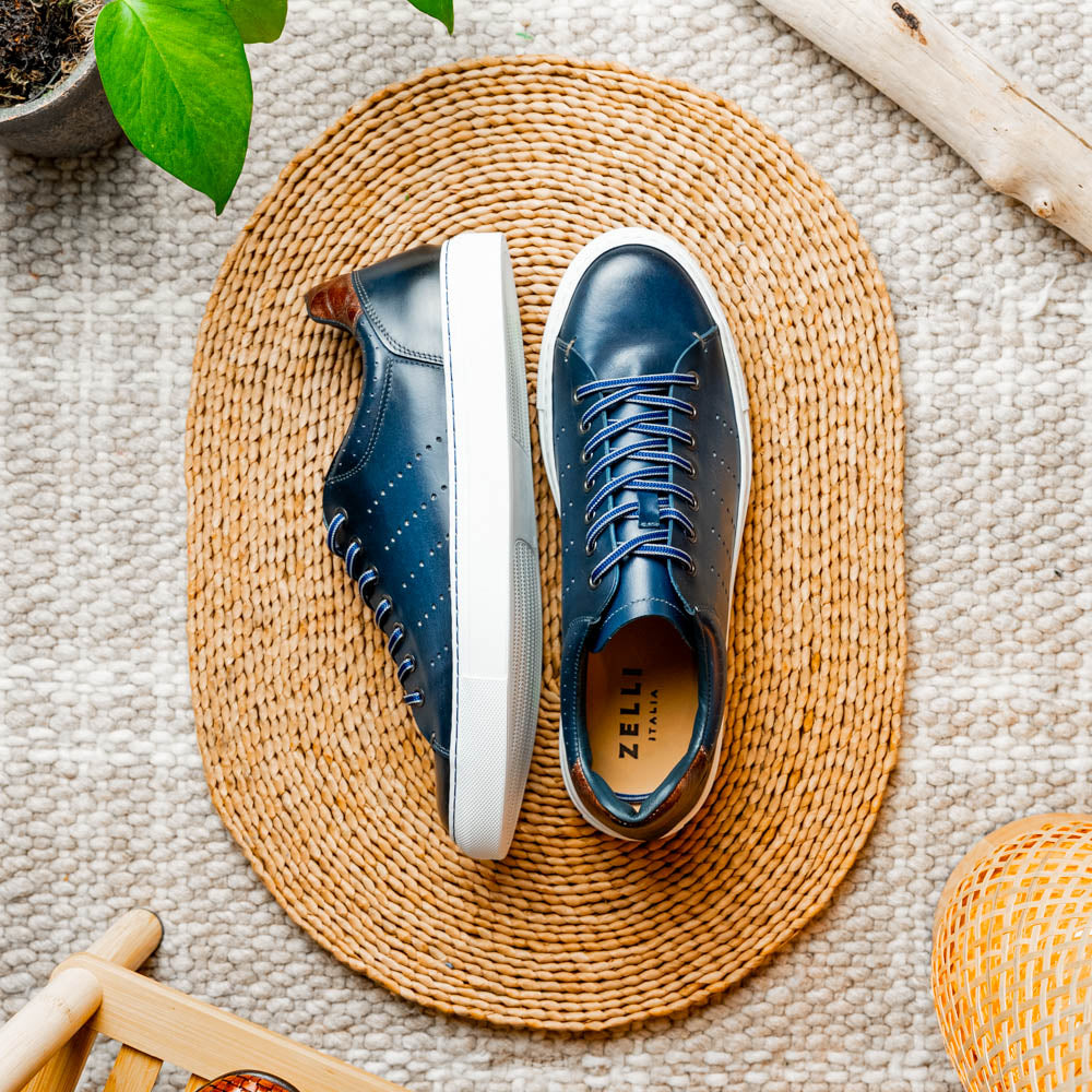 Russo Burnished Italian Calfskin Sneaker with Crocodile Back Tab in Navy by Zelli Italia
