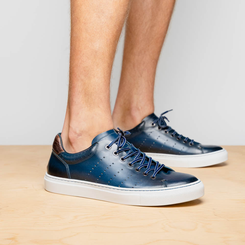 Russo Burnished Italian Calfskin Sneaker with Crocodile Back Tab in Navy by Zelli Italia