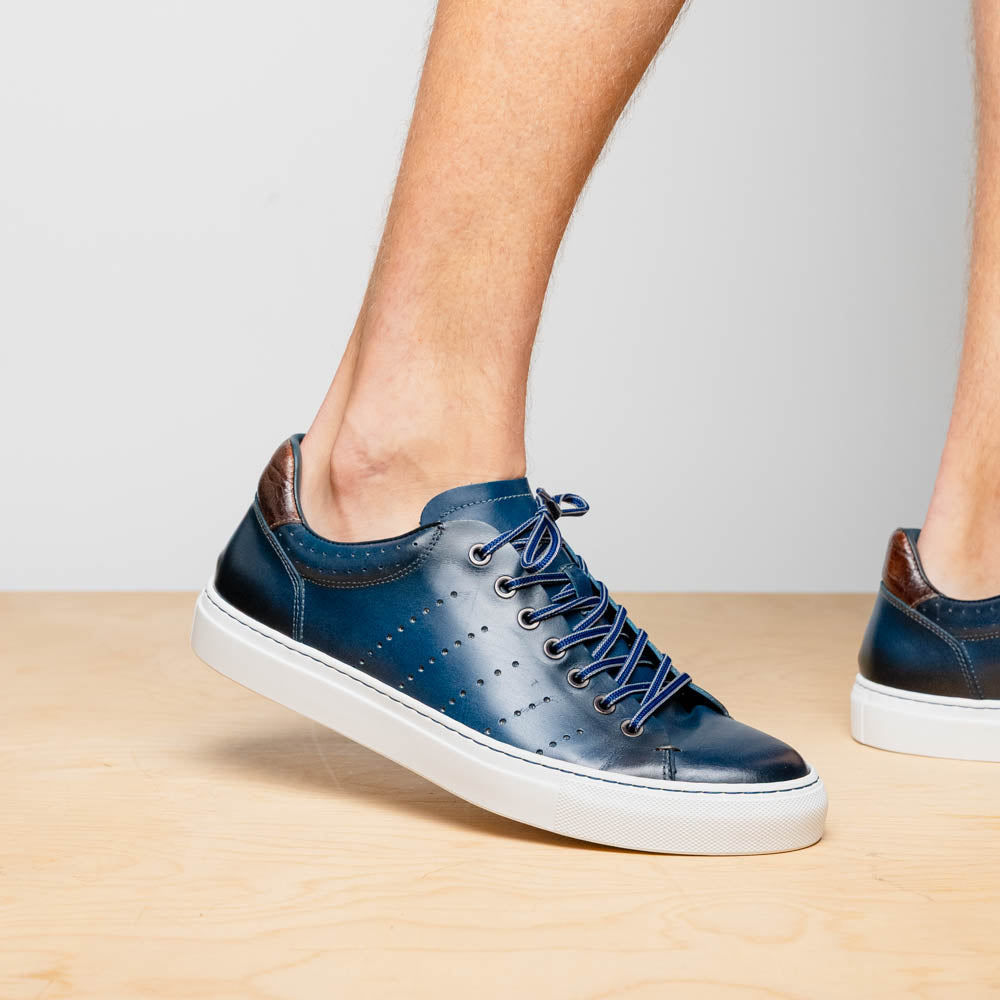 Russo Burnished Italian Calfskin Sneaker with Crocodile Back Tab in Navy by Zelli Italia
