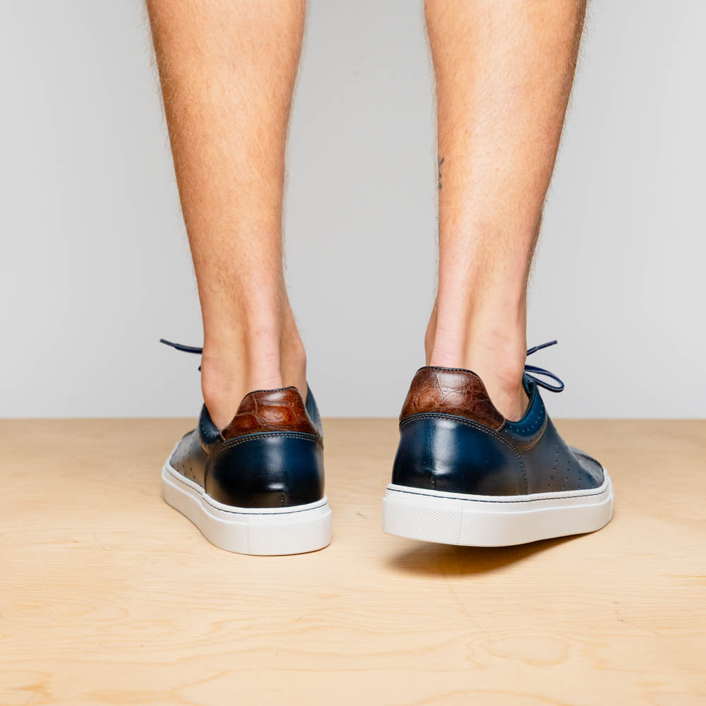 Russo Burnished Italian Calfskin Sneaker with Crocodile Back Tab in Navy by Zelli Italia
