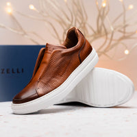 Spettacolare Italian Pebble Grain Calfskin Slip-On Sneaker in Cognac by Zelli Italia