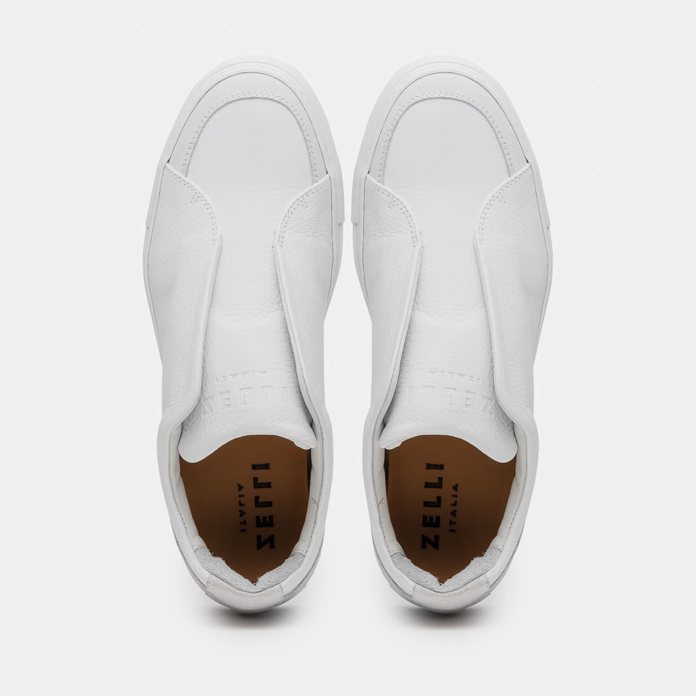 Spettacolare Italian Pebble Grain Calfskin Slip-On Sneaker in White by Zelli Italia