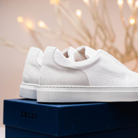 Spettacolare Italian Pebble Grain Calfskin Slip-On Sneaker in White by Zelli Italia