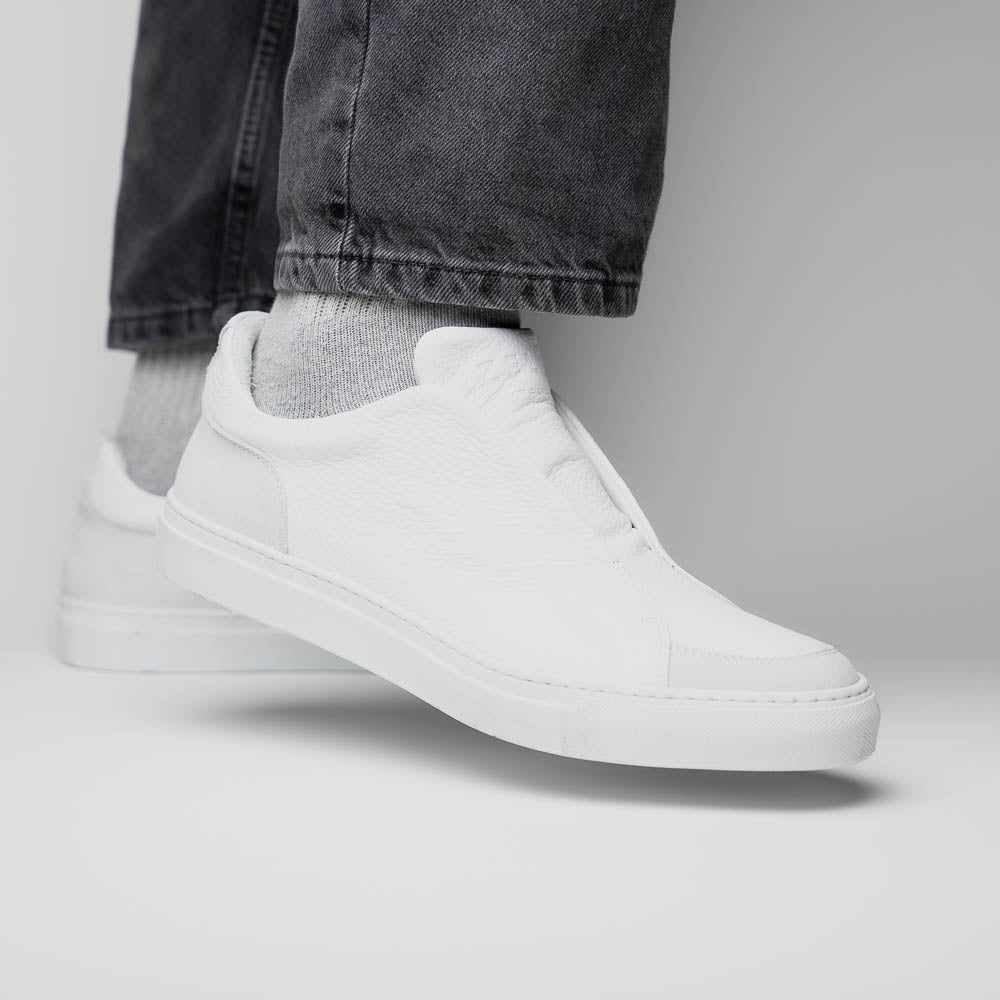 Spettacolare Italian Pebble Grain Calfskin Slip-On Sneaker in White by Zelli Italia