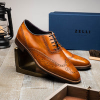 Stephano Wingtip Italian Calfskin Oxford in Camel by Zelli Italia
