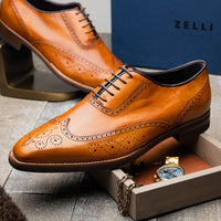 Stephano Wingtip Italian Calfskin Oxford in Camel by Zelli Italia