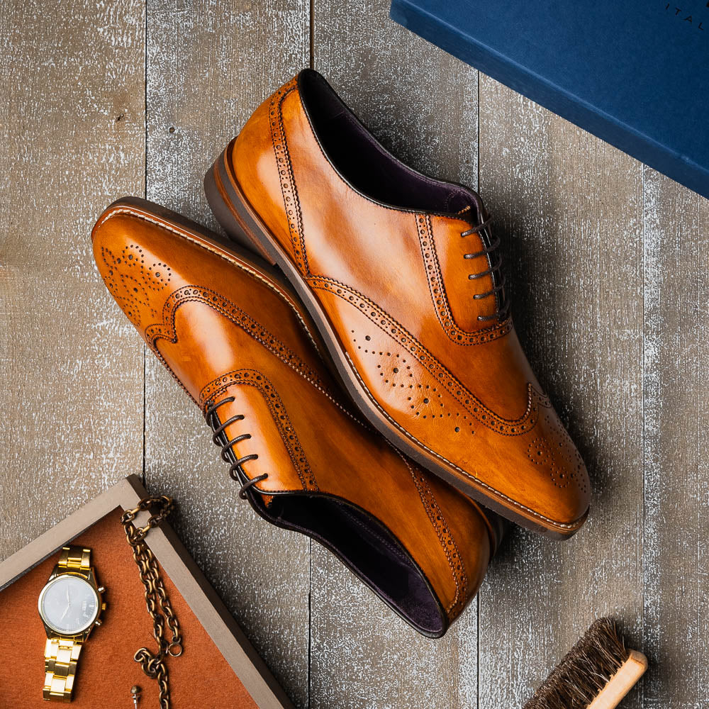 Stephano Wingtip Italian Calfskin Oxford in Camel by Zelli Italia Stephano Wingtip Italian Calfskin Oxford in Camel by Zelli Italia