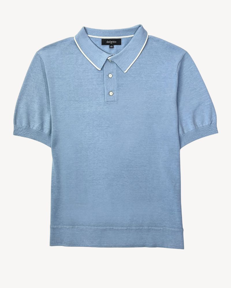 St. Gabriel Double Jersey Knit Silk and Cotton Button-Neck Polo in Light Blue with White Trim by Deletto Italy