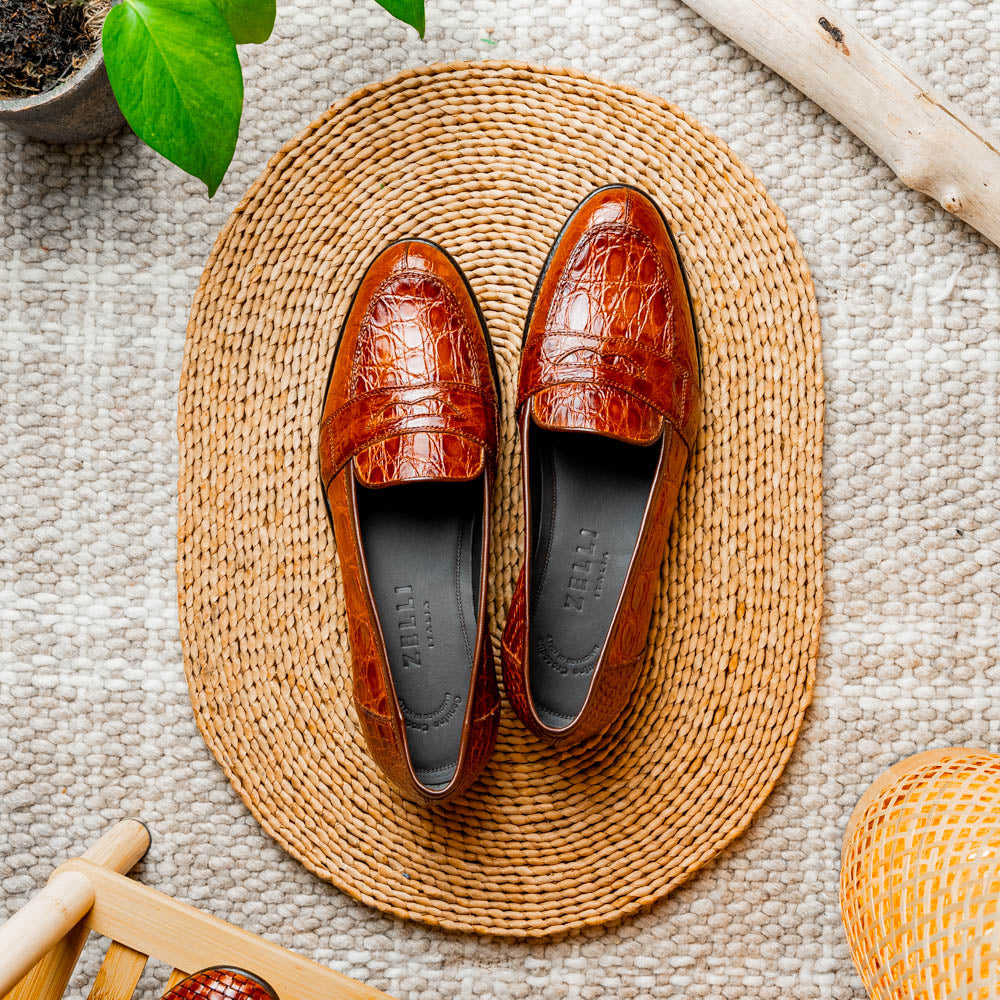 Tuscany Crocodile Penny Loafer in Cognac by Zelli Italia