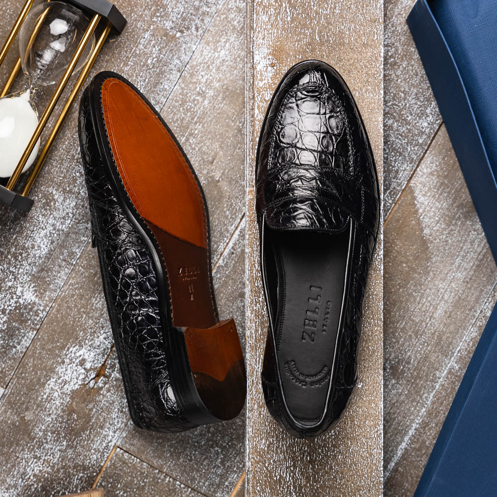 Tuscany Crocodile Penny Loafer in Black by Zelli Italia