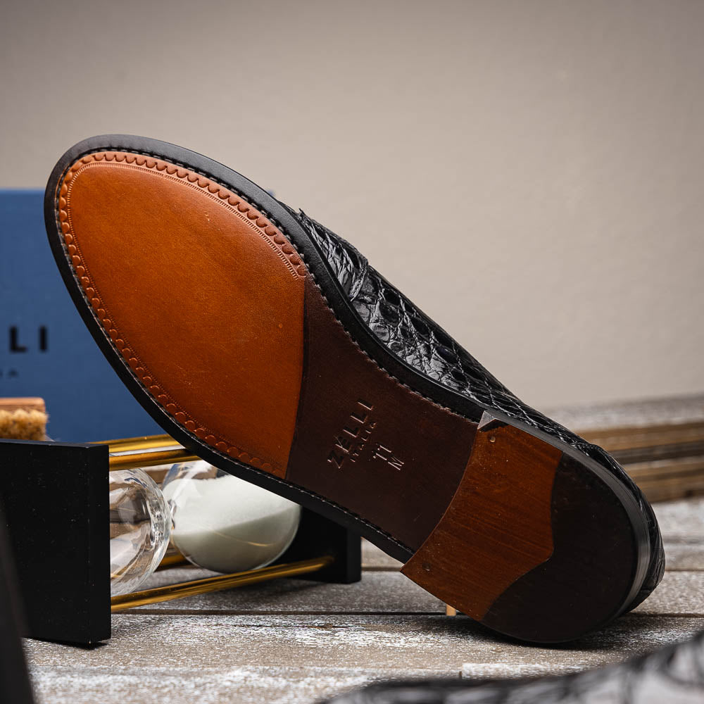 Tuscany Crocodile Penny Loafer in Black by Zelli Italia